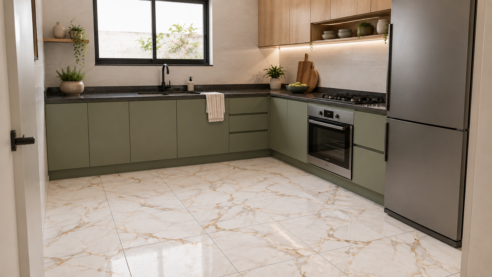 Ambiente ilustrativo de cozinha moderna verde-sálvia com piso Maresias e parede Linhares Gold