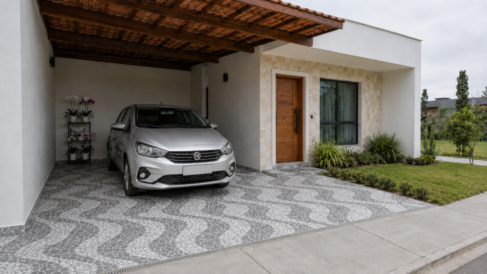 Ambiente ilustrativo de casa moderna de condomínio sem muro frontal, garagem aberta com telhas de barro e piso Copacabana