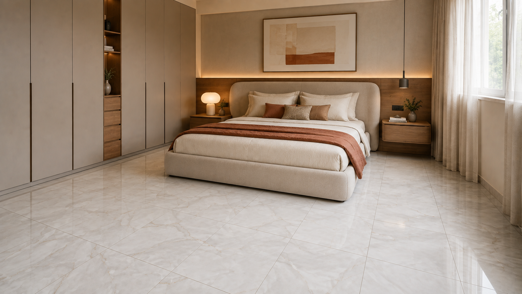Ambiente ilustrativo de quarto de casal moderno com cama estofada, móveis planejados e piso Linhares Ice